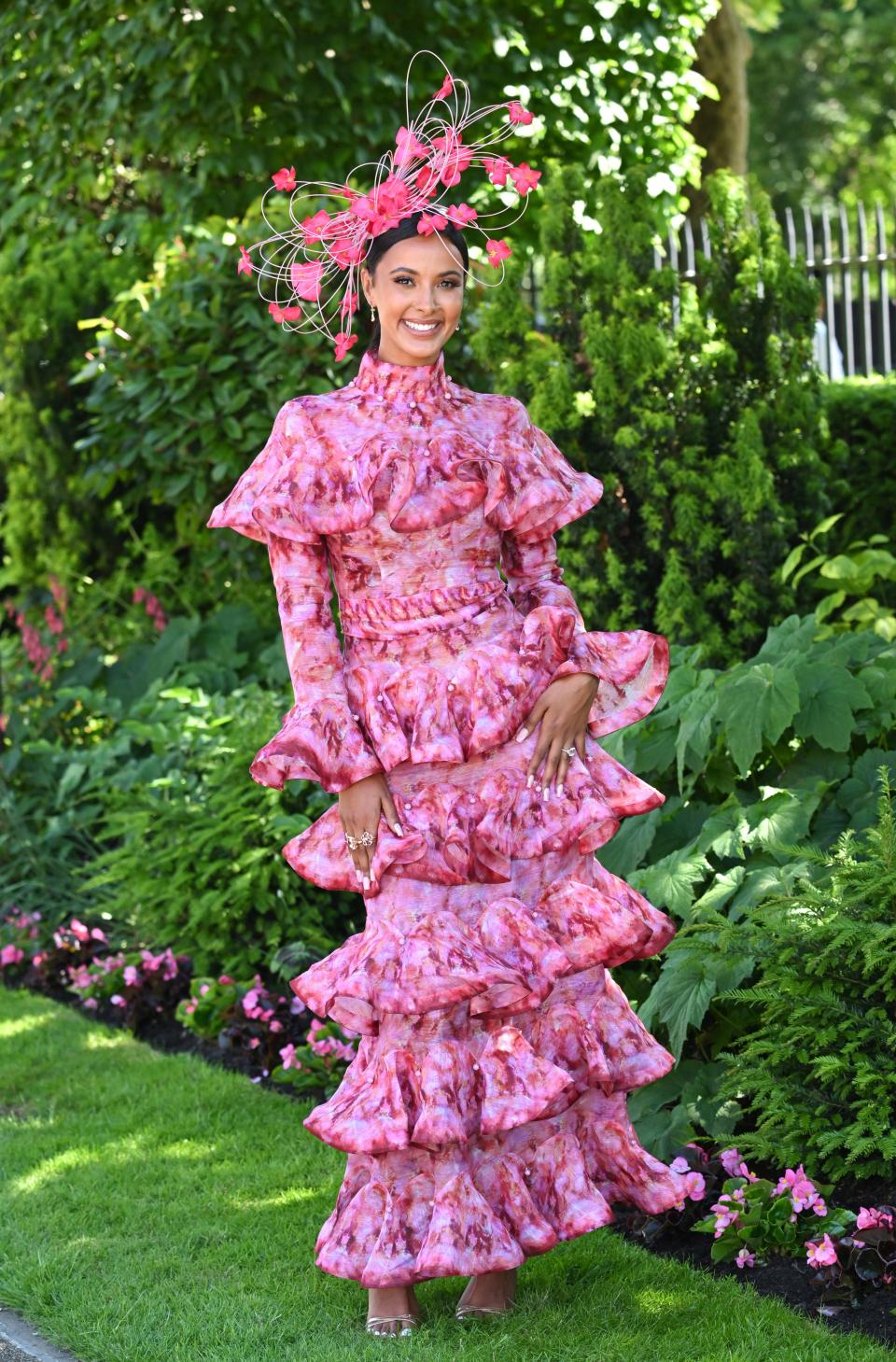 British radio presenter Maya Jama wore a multi-tiered pink floral gown.