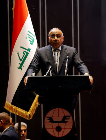 FILE PHOTO: Iraq's Prime Minister Adel Abdul-Mahdi speaks during the opening of Baghdad International Fair, Iraq November 10, 2018. REUTERS/Thaier al-Sudani/File Photo