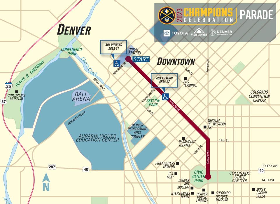 A map shows the Denver Nuggets NBA Championship parade route through downtown Denver on Thursday, June 15.