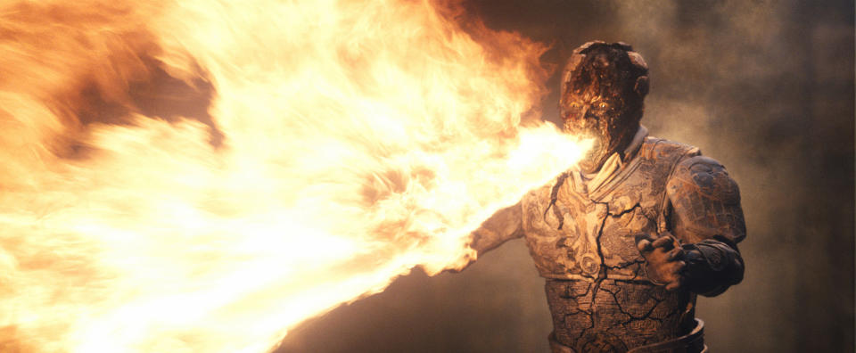 A character breathing fire in "The Mummy: Tomb of the Dragon Emperor"