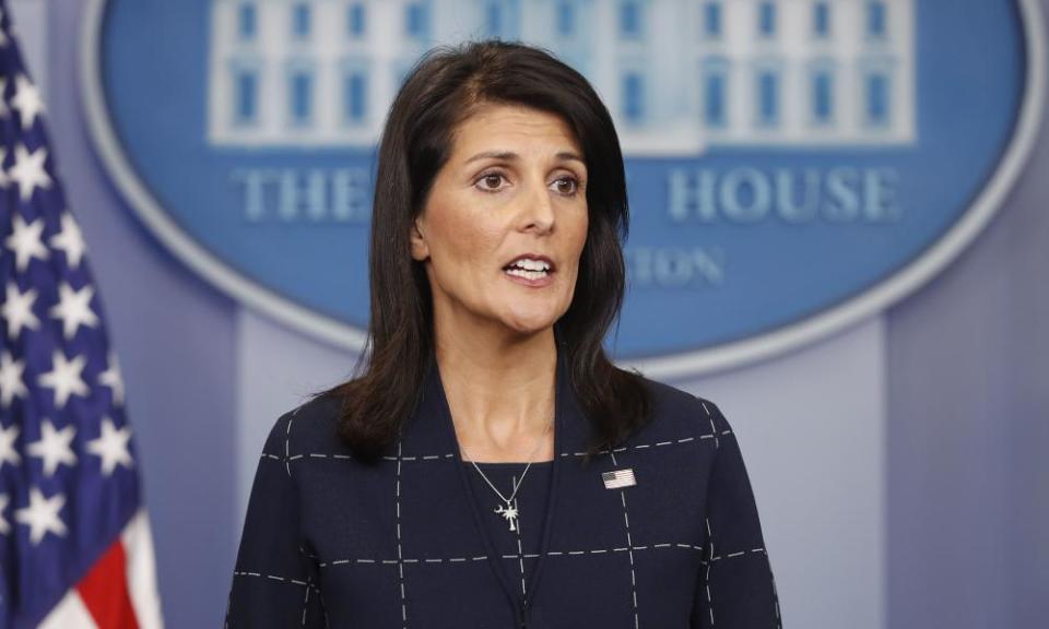 US ambassador to the UN, Nikki Haley, speaks to the media during the daily briefing in the White House. 