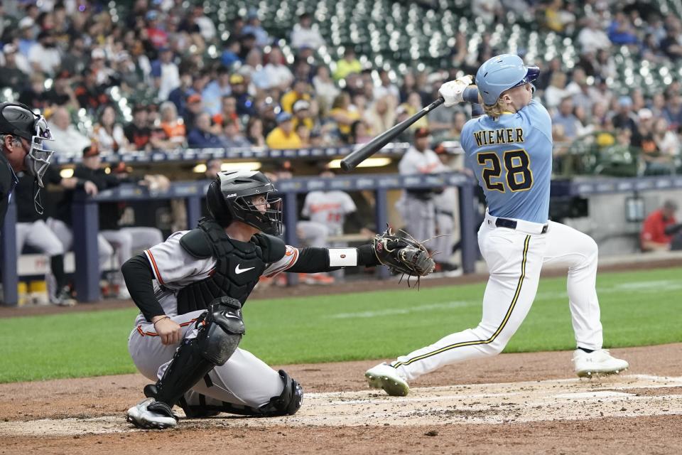 Milwaukee Brewers' Joey Wiemer hits a two-run home run during the third inning of a baseball game against the Baltimore Orioles Wednesday, June 7, 2023, in Milwaukee. (AP Photo/Morry Gash)