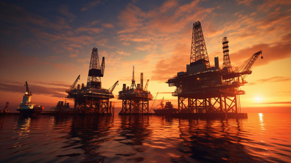 An oil rig in the midst of extracting oil and natural gas from the earth, illuminated by the setting sun.