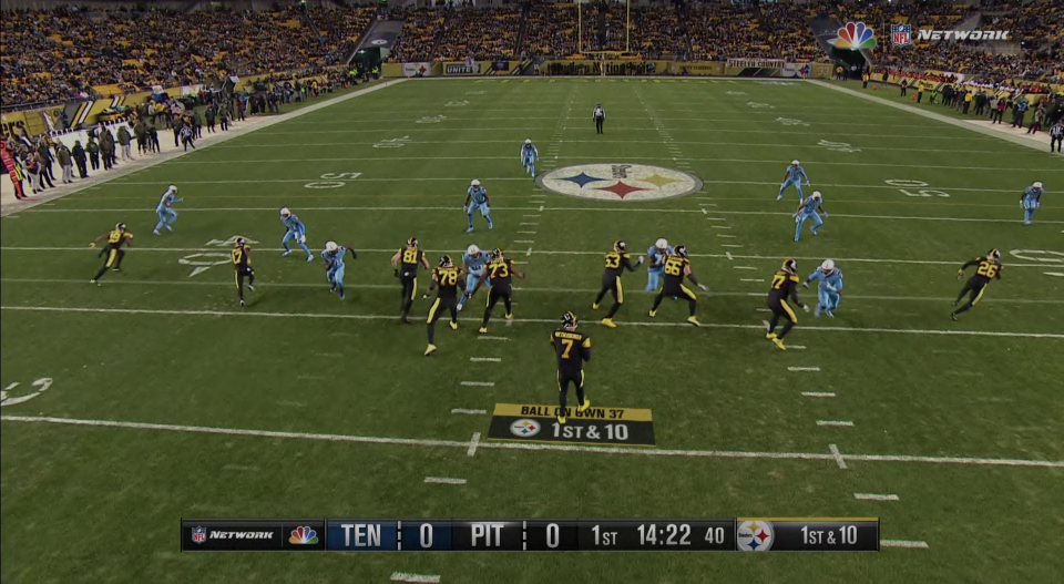 NBC used the SkyCam view as the primary angle for its Titans-Steelers broadcast. (NBC/Amazon Prime screen shot)