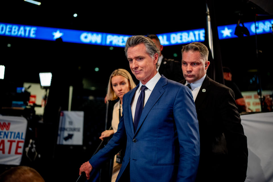 ATLANTA, GEORGIA - JUNE 27: Gov. Gavin Newsom (D-CA) departs after speaking to reporters in the spin room following the CNN Presidential Debate between U.S. President Joe Biden and Republican presidential candidate, former U.S. President Donald Trump at the McCamish Pavilion on the Georgia Institute of Technology campus on June 27, 2024 in Atlanta, Georgia. President Biden and former President Trump are faced off in the first presidential debate of the 2024 campaign. (Photo by Andrew Harnik/Getty Images)