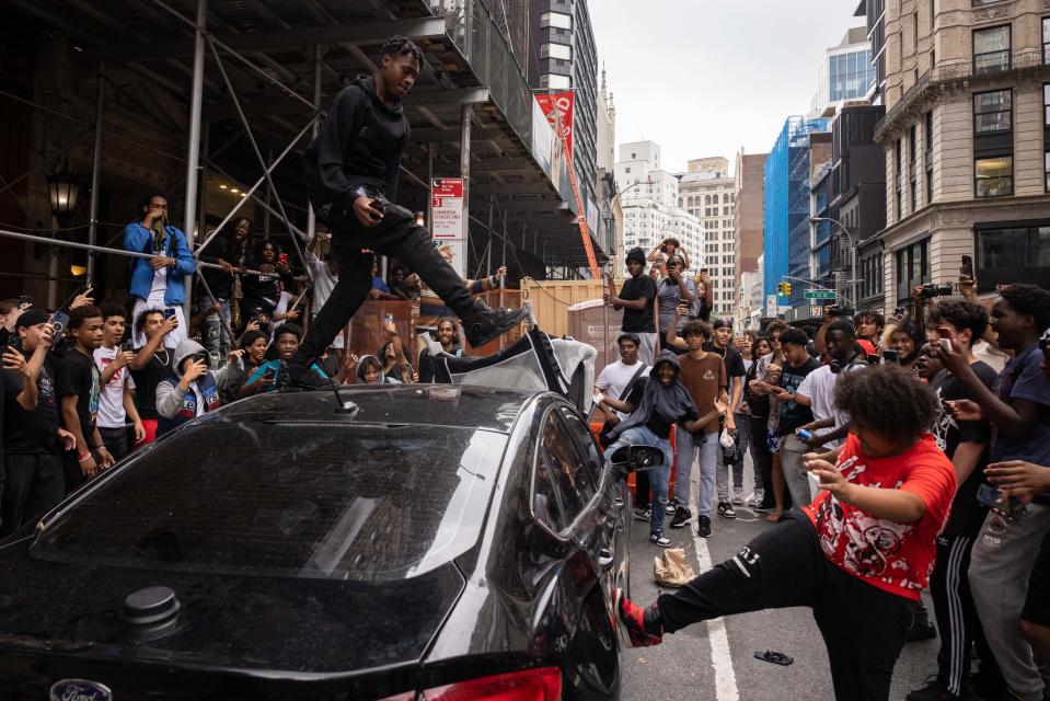 Fans attend Kai Cenat Playstation giveaway on August 4, 2023, at Union Square Park in New York City.