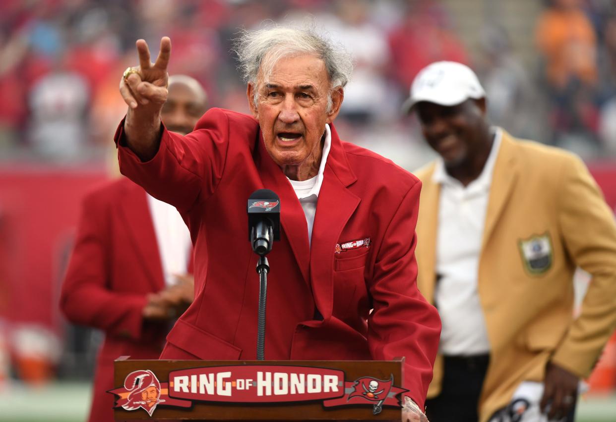 Former coach Monte Kiffin of the Tampa Bay Buccaneers speaks after being inducted into the team's Ring of Honor at halftime of a game vs. the Falcons, Sept. 19, 2021, in Tampa.