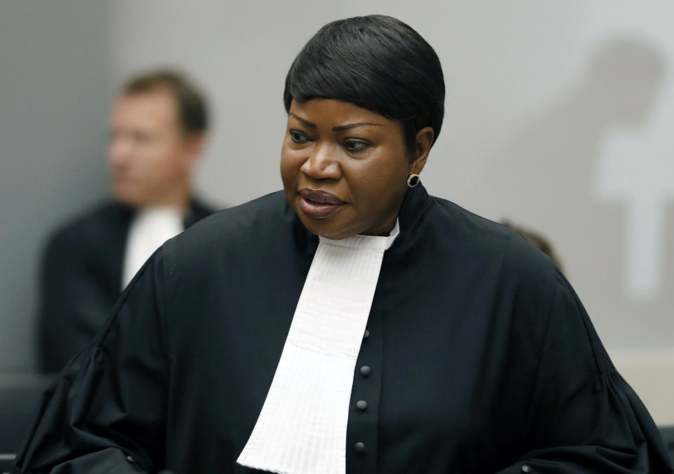 FILE - In this Tuesday Aug. 28, 2018 file photo, Prosecutor Fatou Bensouda at the International Criminal Court (ICC) in The Hague, Netherlands. The International Criminal Court Prosecutor opened a hearing Monday, May 24, 2021 of evidence against an alleged leader of a notorious militia blamed for atrocities in Darfur, calling him a “willing and energetic” perpetrator of crimes in the conflict-torn region of Sudan in 2003-2004. Fatou Bensouda was addressing judges at the start of the first presentation at the global court of evidence against a suspect charged with involvement in crimes by the Janjaweed militia in Darfur. (Bas Czerwinski/Pool file via AP, File)