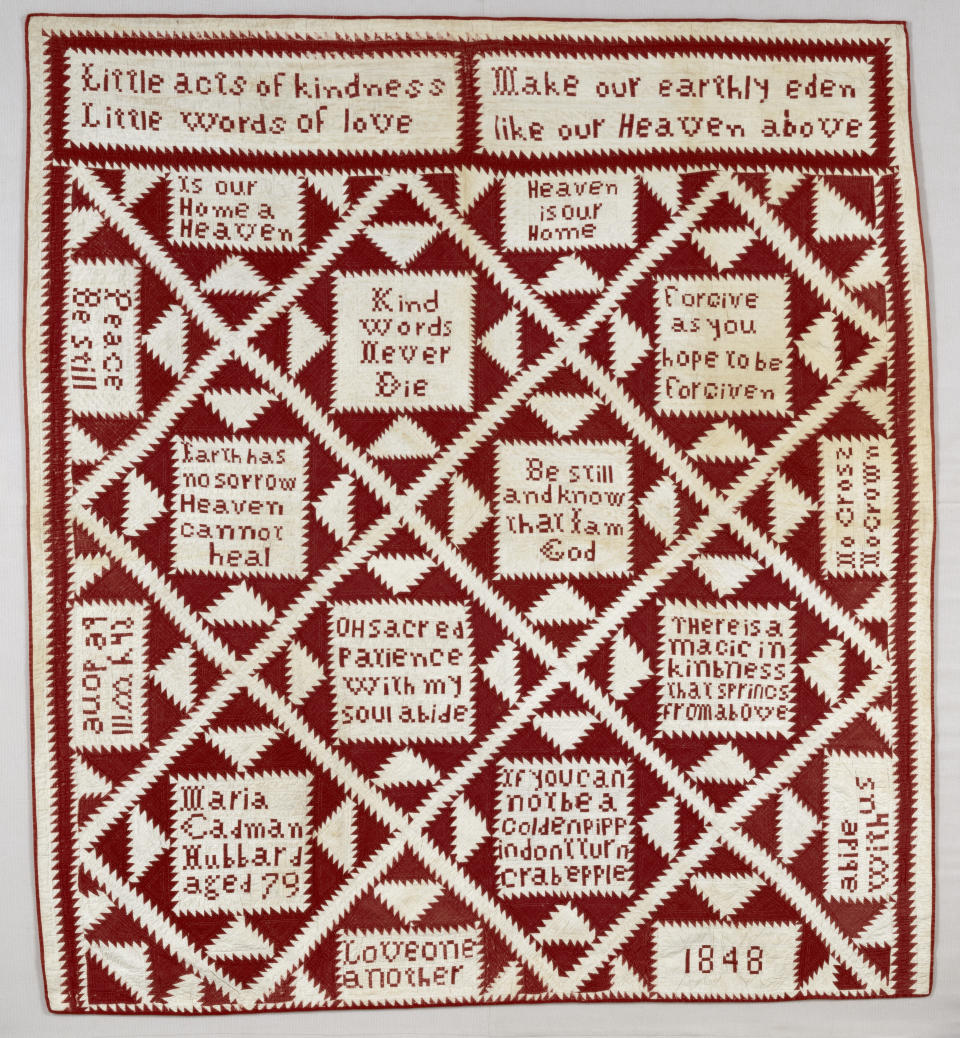 This image released by the American Folk Art Museum in New York shows Pieties Quilt made of cotton from 1848. The museum’s collection includes a number of lovingly crafted tokens of affection from various periods. (American Folk Art Museum Collection via AP)