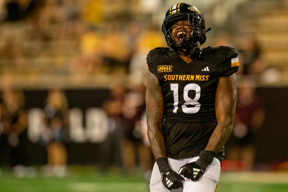 Southern Miss Golden Eagles linebacker Josh Carr Jr. (18) celebrates during a game against Texas State at M.M. Roberts Stadium in Hattiesburg on Saturday, Sept. 30, 2023. Hannah Ruhoff/Sun Herald