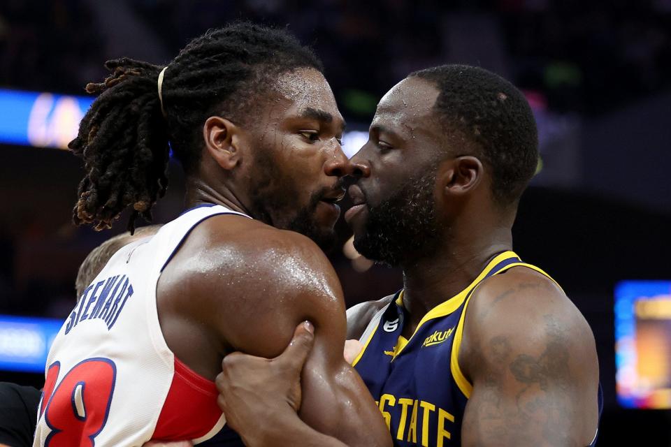 Warriors forward Draymond Green has words with Pistons center Isaiah Stewart during the Pistons' 122-119 win over the Warriors on Wednesday, Jan. 4, 2023, in San Francisco.