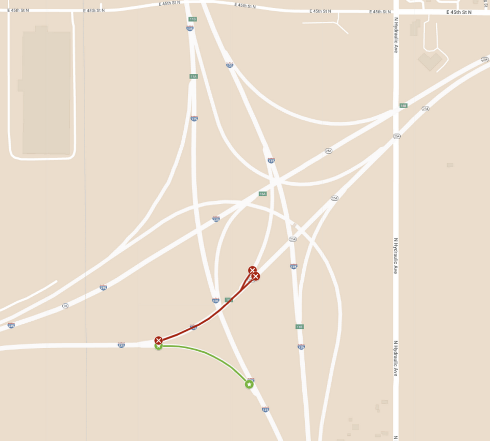 This map illustrates two ramp closures along northbound I-235 in Wichita that will occur over the weekend. A detour is highlighted in green.