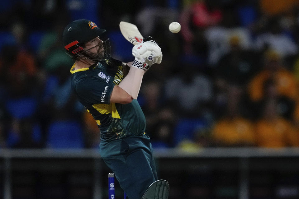 Australia's Travis Head bats against Namibia during an ICC Men's T20 World Cup cricket match at Sir Vivian Richards Stadium in North Sound, Antigua and Barbuda, Tuesday, June 11, 2024. (AP Photo/Ricardo Mazalan)