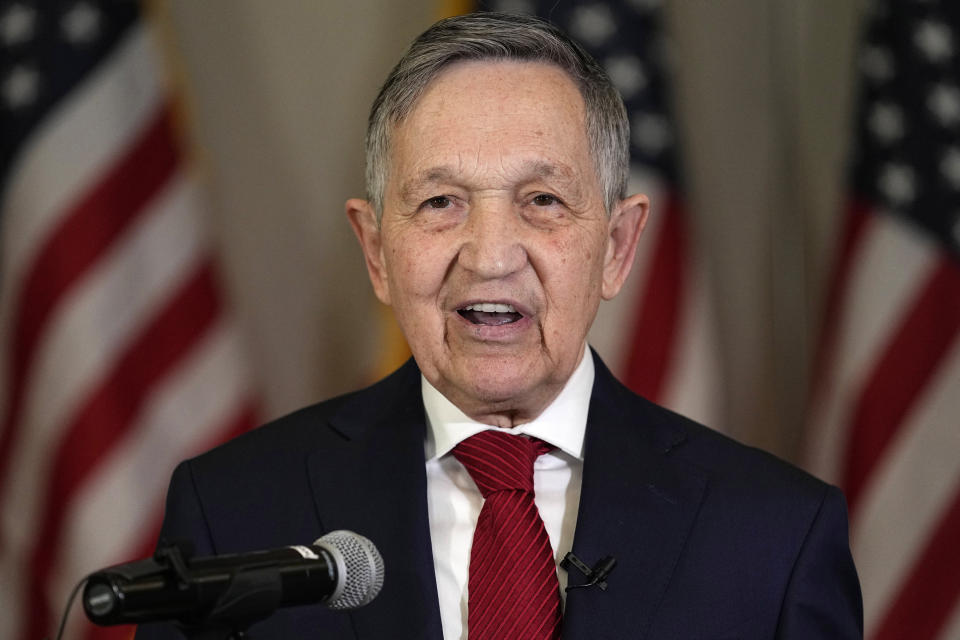 Former Ohio congressman and two-time Democratic presidential candidate Dennis Kucinich announces his Independent candidacy for Congress in Ohio's 7th Congressional District, Wednesday, Jan. 24, 2024, in Independence, Ohio. (AP Photo/Sue Ogrocki)