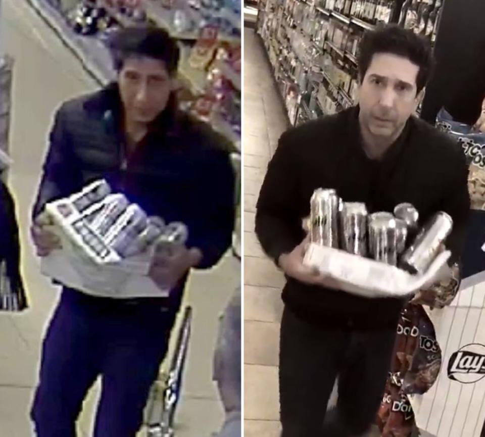 Actor David Schwimmer, who played Ross from Friends (right) recreates the viral CCTV of his ‘doppleganger’ allegedly stealing beer.