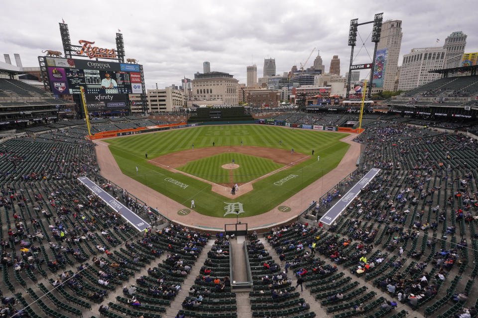 The Detroit Tigers play the Kansas City Royals at Comerica Park in the sixth inning of a baseball game in Detroit, Thursday, Sept. 29, 2022. (AP Photo/Paul Sancya)