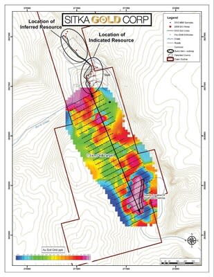 Figure 12: Mobile Metal Ion (MMI) soil sampling at Burro Creek. The projection of the Burro vein to the south is obscured by a thin cover of volcanic rocks. MMI surveys were conducted using this technique which is a proven advanced geochemical exploration tool used to target buried mineral deposits. The results from this survey indicate the Burro Vein continues south of the existing resource area for at least 1.3 kilometres. (CNW Group/Sitka Gold Corp.)