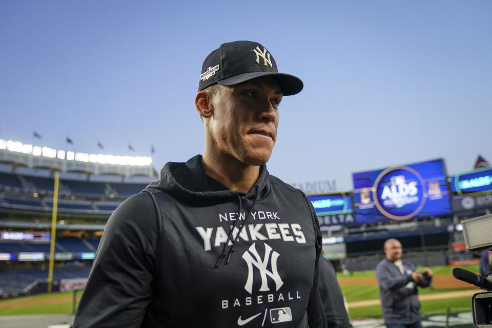 New York Yankees' Aaron Judge walks toward the dugout after workouts ahead of Game 1 of baseball's American League Division Series against the Cleveland Guardians, Monday, Oct. 10, 2022, in New York. (AP Photo/John Minchillo)