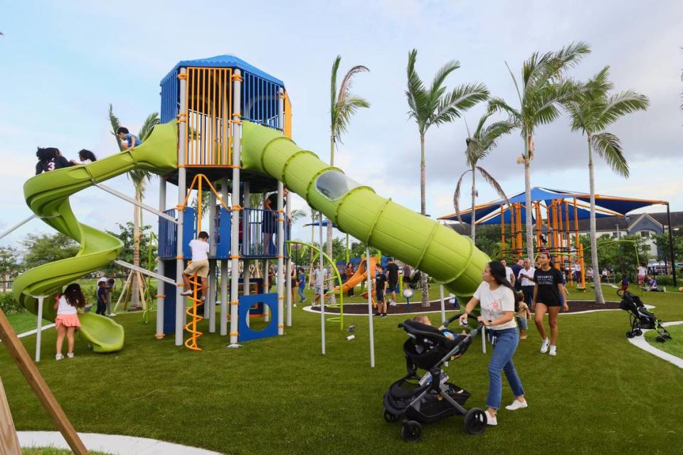 Children enjoy the playground of the newly inaugurated eastern portion of Doral Central Park at 3005 NW 92nd Ave. in Doral, Florida, on Monday, Aug. 26, 2024.