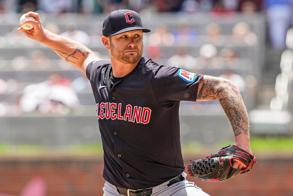 Cleveland Guardians starting pitcher Ben Lively (39) pitches against the Atlanta Braves on April 26 in Cumberland, Georgia.