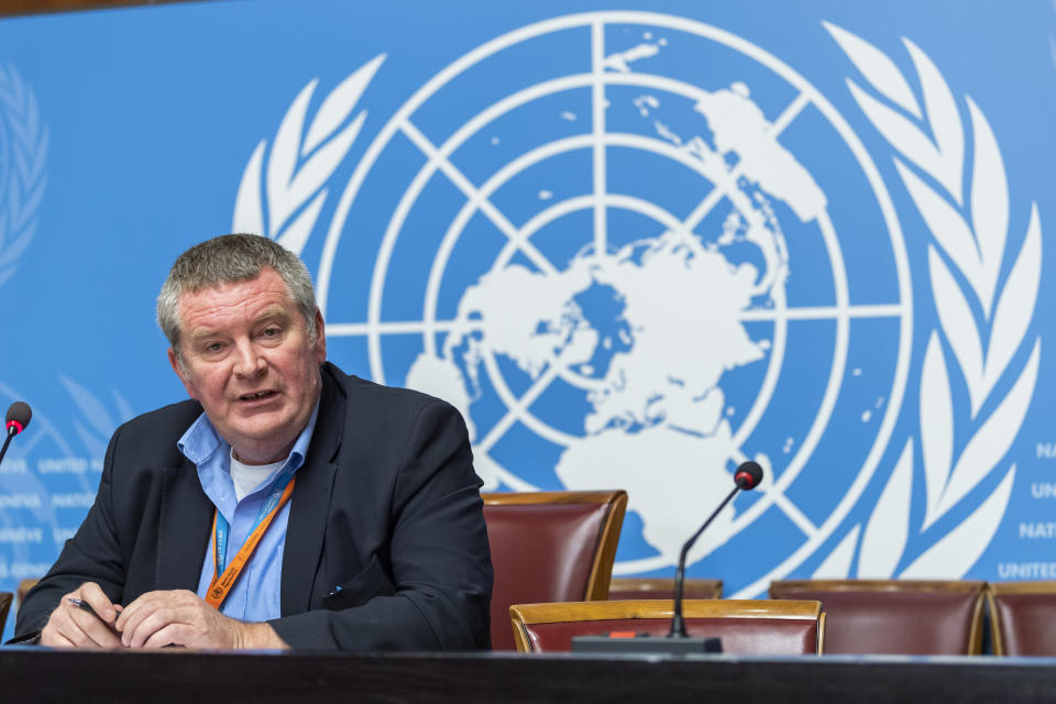 Michael Ryan, Executive Director, WHO Health Emergencies Programme, speaks about the Update on WHO Ebola operations in the Democratic Republic of the Congo (DRC), at the European headquarters of the United Nations in Geneva, Switzerland, Friday, May 03, 2019. (Martial Trezzini/Keystone via AP)