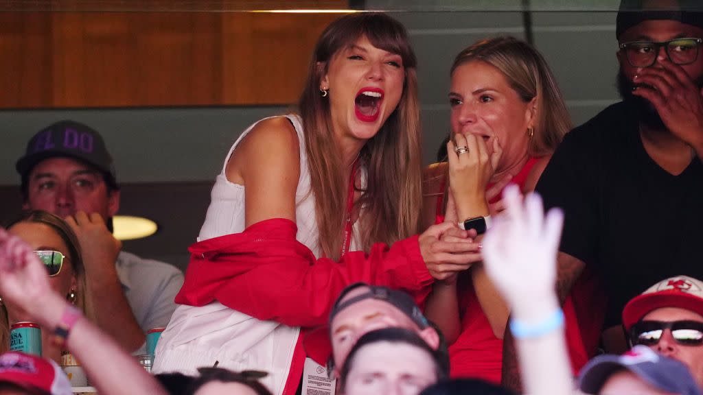 kansas city, missouri september 24 taylor swift is seen during a game between the chicago bears and the kansas city chiefs at geha field at arrowhead stadium on september 24, 2023 in kansas city, missouri photo by jason hannagetty images