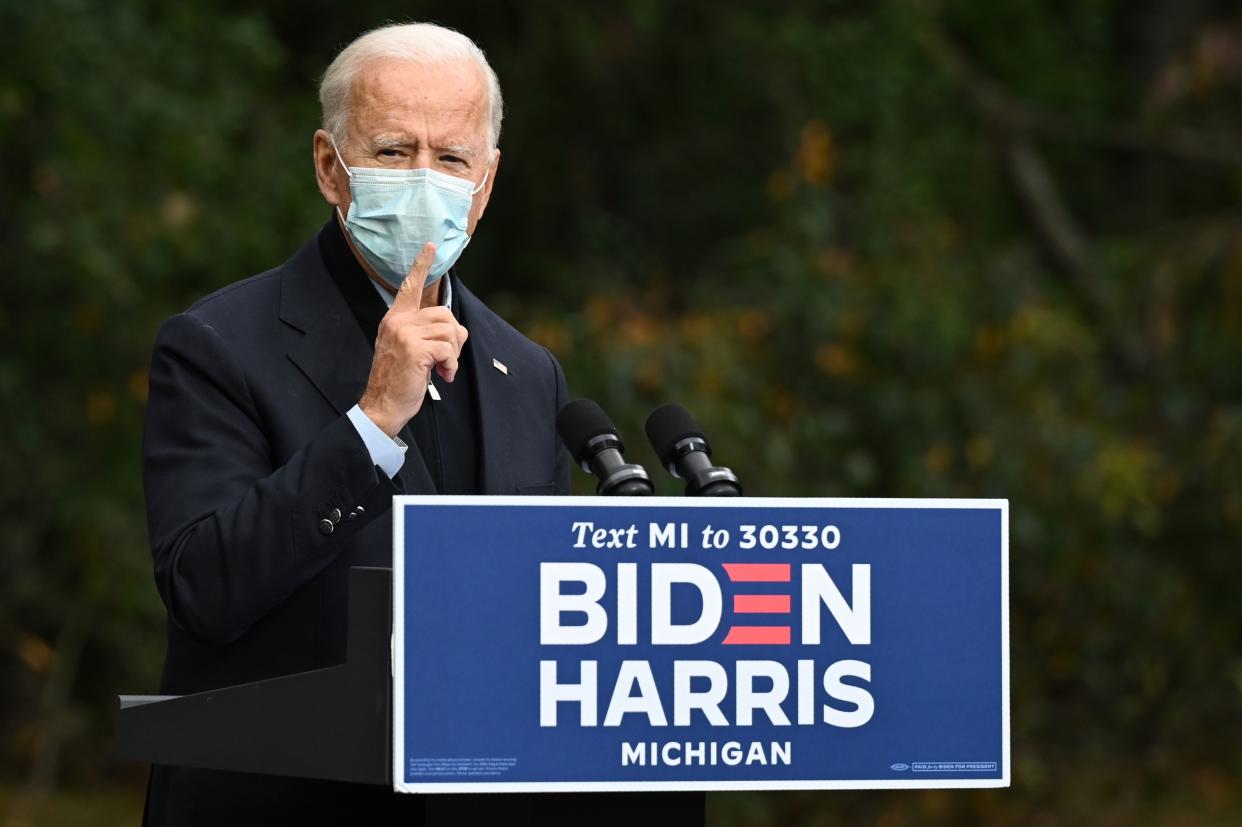 Democratic Presidential candidate and former US Vice President Joe Biden speaks during a campaign event at United Food and Commercial Workers Union Local 951 in Grand Rapids, Michigan on October 2, 2020. - Democratic presidential candidate Joe Biden said October 2, 2020 he has tested negative for Covid-19, three days after his debate with Donald Trump, who has contracted the illness. (Photo by JIM WATSON / AFP) (Photo by JIM WATSON/AFP via Getty Images)