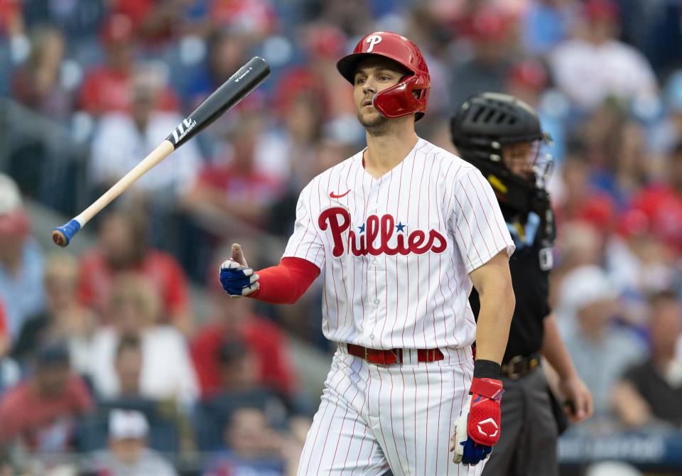 Trea Turner flips his bat after striking out in the first inning in Monday's game against the Diamondbacks.  In the first year of an 11-year, $300 million contract, Turner is hitting .256/.303/390 with four home runs and six stolen bases in 46 games.