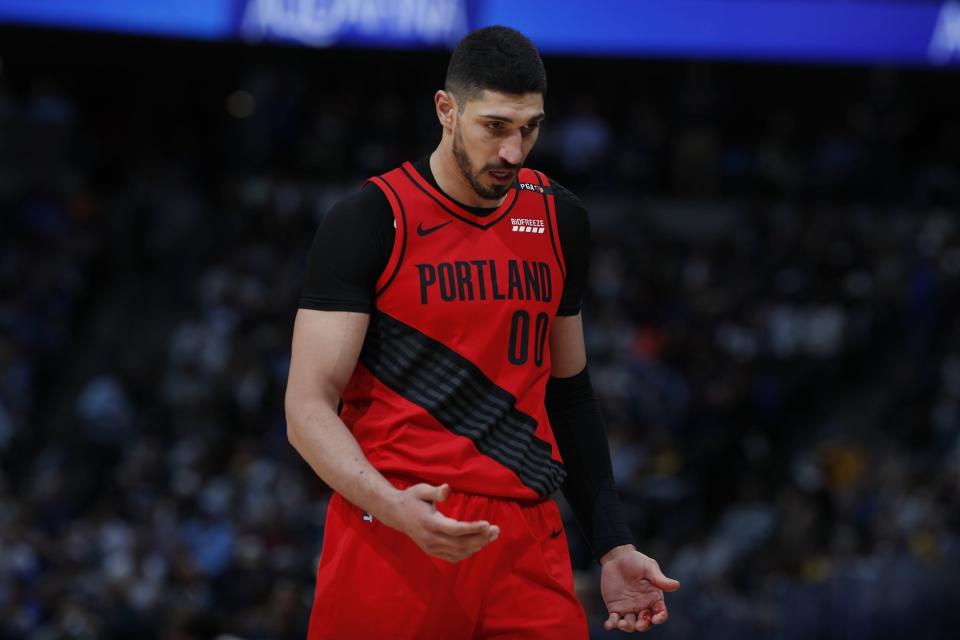 Portland Trail Blazers center Enes Kanter (00) in the second half of Game 2 of an NBA basketball second-round playoff series Wednesday, May 1, 2019, in Denver. Portland won 97-90. (AP Photo/David Zalubowski)