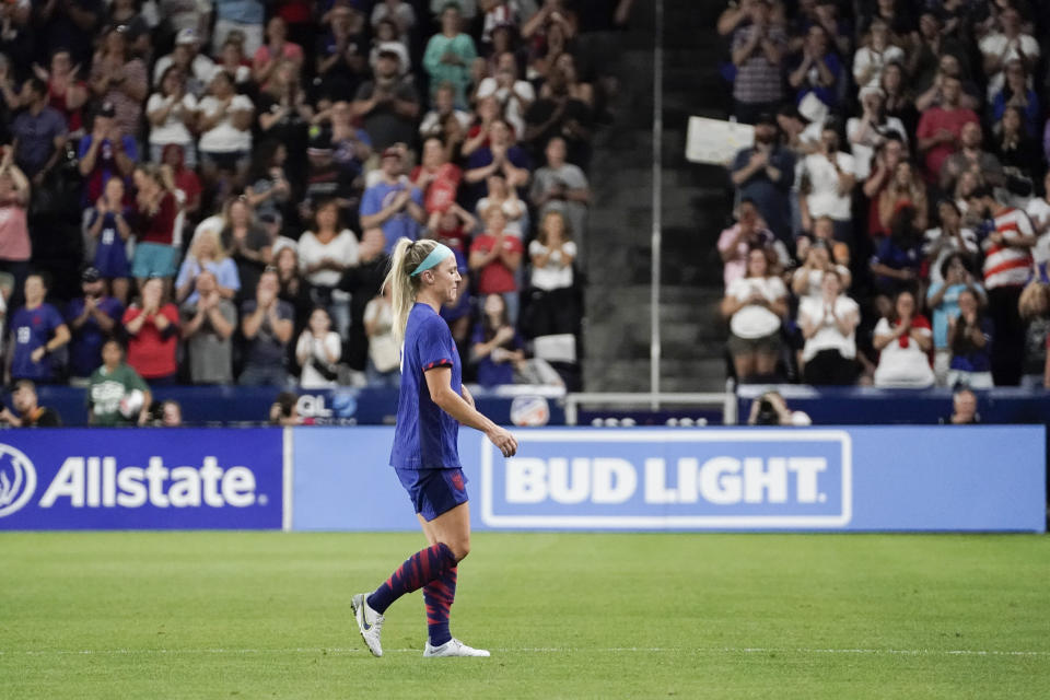 United States' Julie Ertz walks off the pitch in her last match, during the first half of the team's international friendly soccer match against South Africa, Thursday, Sept. 21, 2023, in Cincinnati. (AP Photo/Joshua A. Bickel)