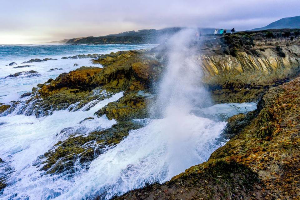 Ocean waves crash over rocks in Montana de Oro State Park near Los Osos. The National Weather Service issued a high surf warning for San Luis Obispo and Santa Barbara counties.