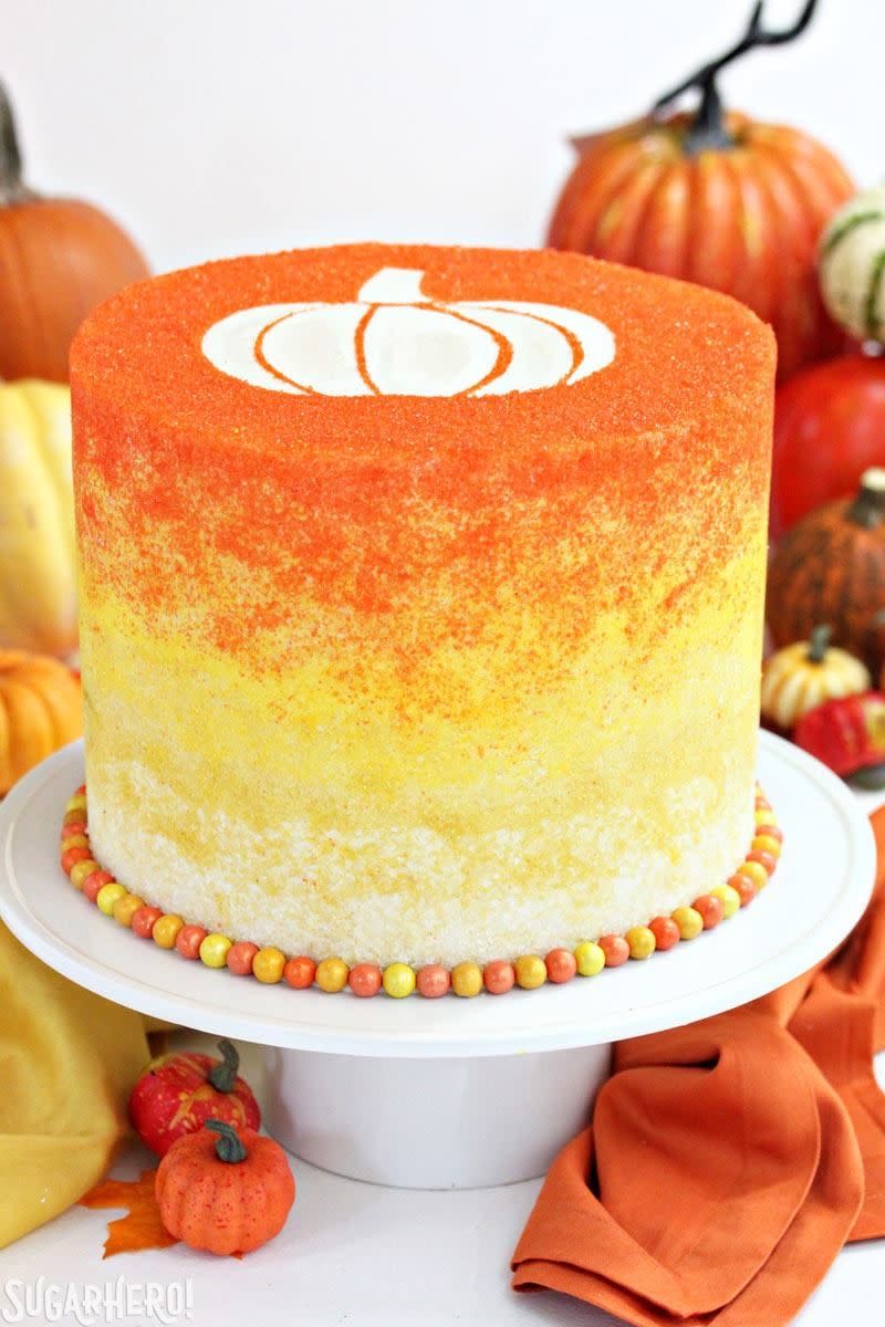 <p>Get the <a href="https://www.sugarhero.com/stenciled-halloween-sprinkle-cake/" rel="nofollow noopener" target="_blank" data-ylk="slk:Stencilled Halloween Sprinkle Cake;elm:context_link;itc:0;sec:content-canvas" class="link ">Stencilled Halloween Sprinkle Cake</a> recipe. </p><p>Recipe from <a href="https://www.sugarhero.com/" rel="nofollow noopener" target="_blank" data-ylk="slk:Sugar Hero;elm:context_link;itc:0;sec:content-canvas" class="link ">Sugar Hero</a>. </p>