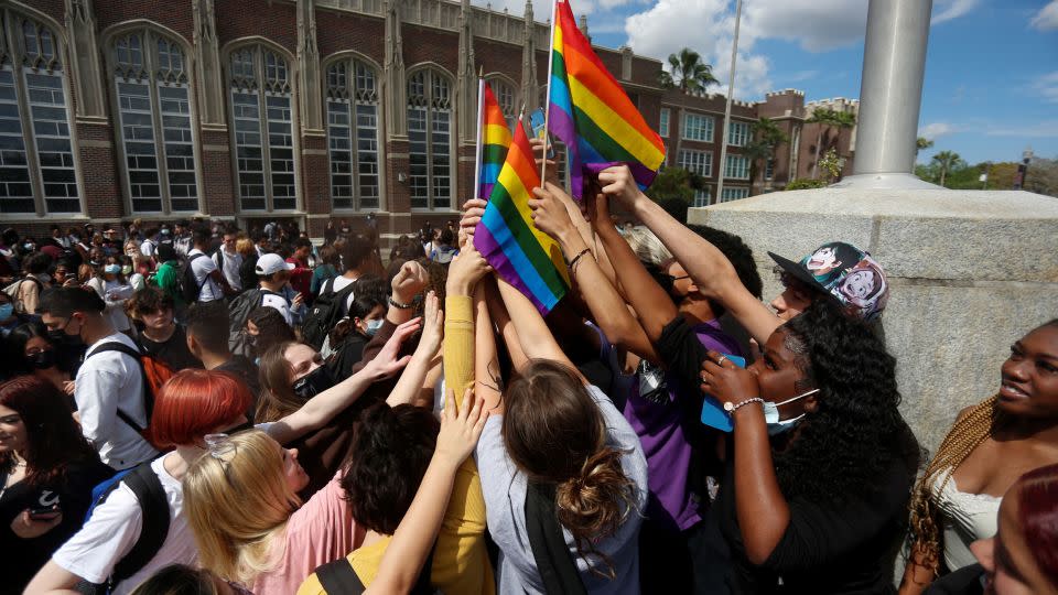 High school students in Tampa gathered in March 2022 to protest the Republican-backed bill dubbed "Don't Say Gay" that prohibits classroom discussion of sexual orientation and gender identity. Florida Gov. Ron DeSantis <a href="https://www.cnn.com/2022/03/28/politics/dont-say-gay-bill-desantis-signs/index.html">signed the measure into law</a> later that month. - Octavio Jones/Reuters