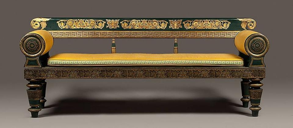 John Finlay (American, 1777-1851), Hugh Finlay (1781-1830). Grecian Settee, circa 1823-27, painted wood, free-hand and stenciled gilding, cane, silk upholstery (modern). The Mint Uptown’s “Art of Seating” exhibit has an area where visitors can design their own chairs.