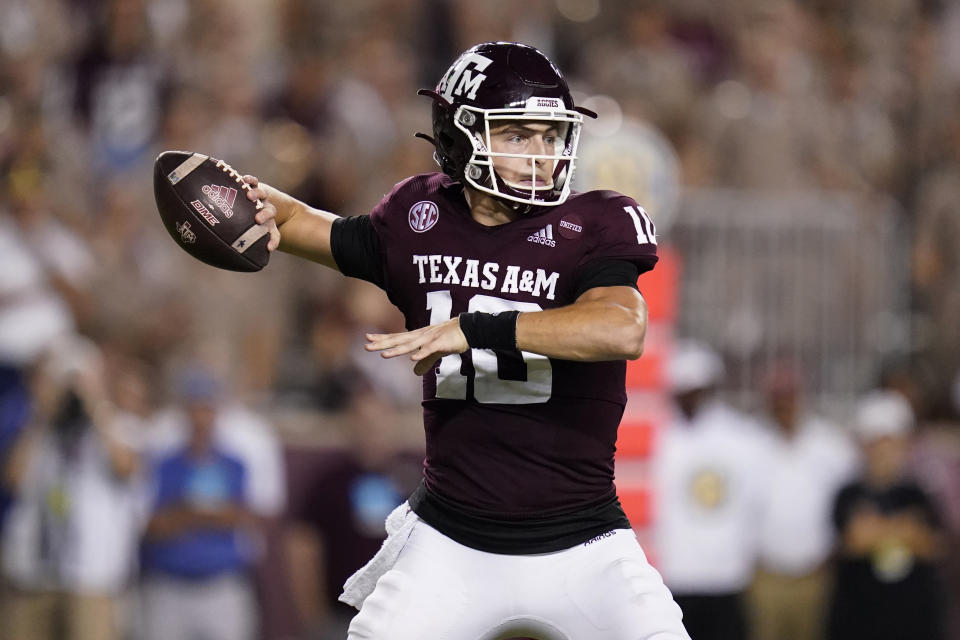 Texas A&M quarterback Zach Calzada looks for a receiver during the first half of the team's NCAA college football game against Alabama on Saturday, Oct. 9, 2021, in College Station, Texas. (AP Photo/Sam Craft)