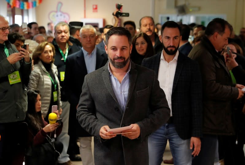 Vox party candidate Santiago Abascal votes in Spain's general election