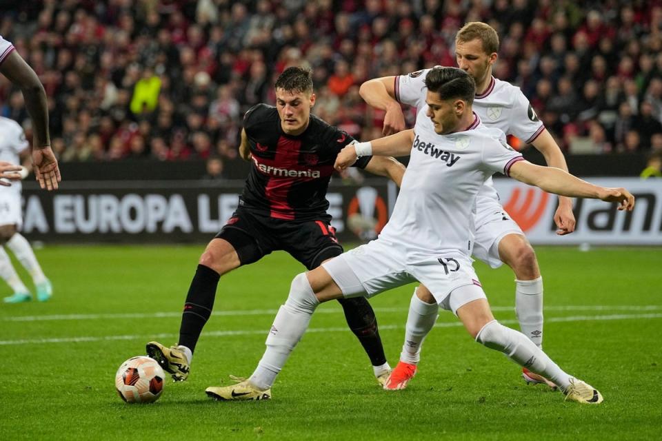 Injury worry: Konstantinos Mavropanos was taken off late in Leverkusen defeat (AP)