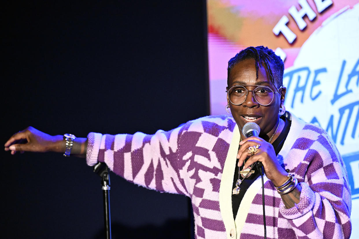 PASADENA, CALIFORNIA - FEBRUARY 17: Comedian Gina Yashere performs at The Ice House Comedy Club on February 17, 2023 in Pasadena, California. (Photo by Michael S. Schwartz/Getty Images)