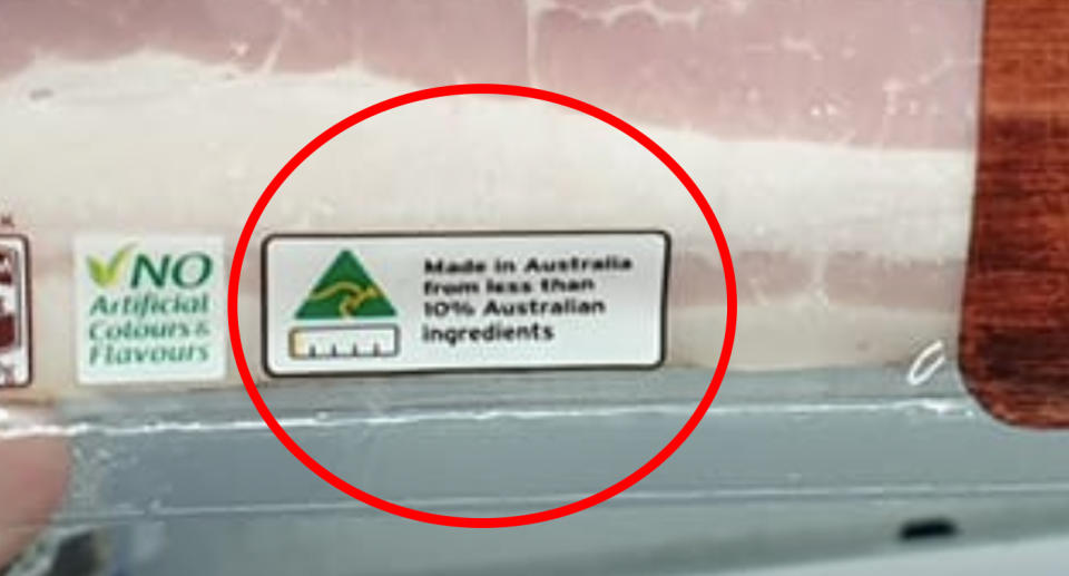 The Country of Origin label on the Coles streaky bacon is circled. 