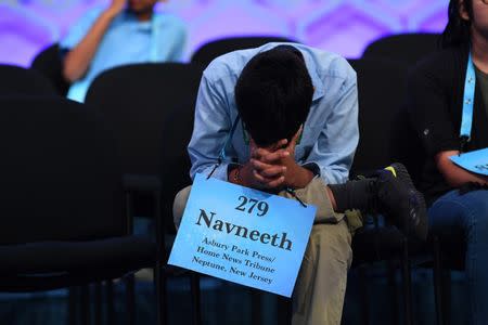 May 31, 2018; National Harbor, MD, USA; Navneeth Murali, 12, from Edison, N.J. waits for his turn to spell again during the 2018 Scripps National Spelling Bee at the Gaylord National Resort and Convention Center. Mandatory Credit: Jack Gruber-USA TODAY NETWORK
