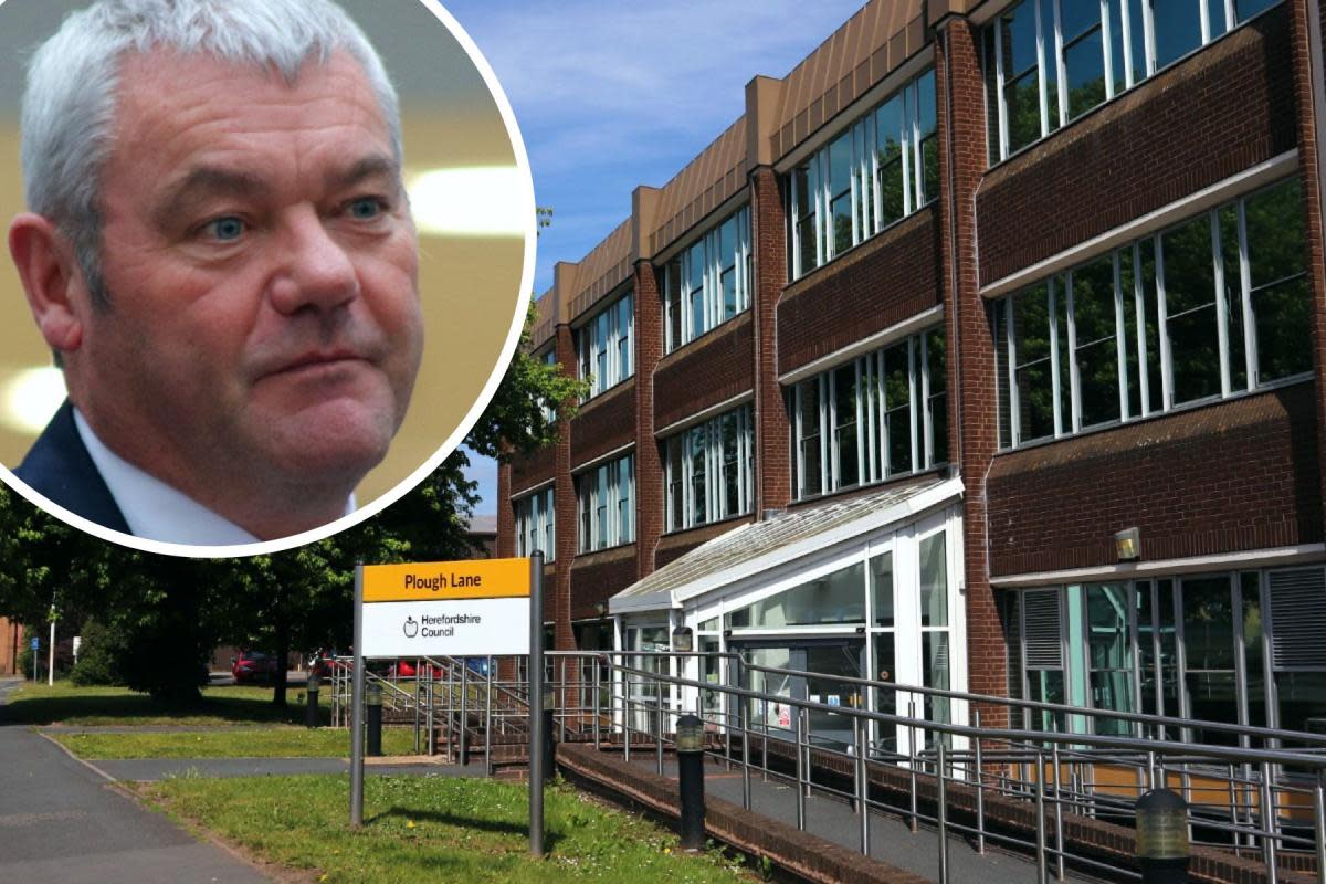 Herefordshire Council's Plough Lane headquarters, and inset, chief executive Paul Walker, whose pay packet was revealed earlier this month <i>(Image: LDRS)</i>