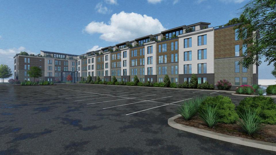 This rendering shows new architectural designs for a proposed 212-unit apartment complex proposed in Rockland.