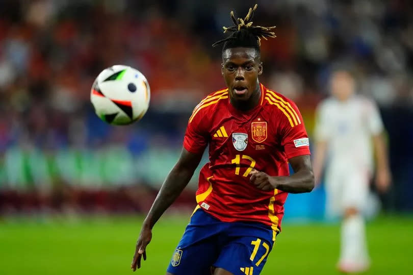 Nico Williams left winger of Spain and Athletic Club Bilbao during the UEFA EURO 2024 group stage match between Spain and Italy at Arena AufSchalke on June 20, 2024 in Gelsenkirchen, Germany.