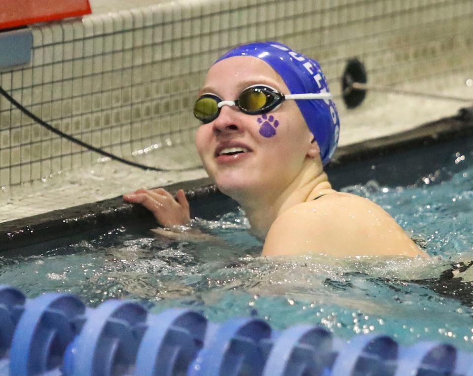 Brandywine's Rachel Bockrath looks to scoreboard as she takes first place in the 100 yard freestyle during the DIAA girls swimming state championships at Rawstrom Natatorium at the University of Delaware, Saturday,Feb. 25, 2023.