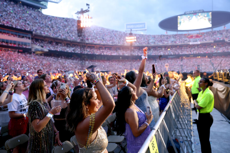 Fans enjoy night one of Taylor Swift | The Eras Tour at GEHA Field at Arrowhead Stadium on July 07, 2023 in Kansas City, Missouri. (Photo by John Shearer/TAS23/Getty Images for TAS Rights Management)