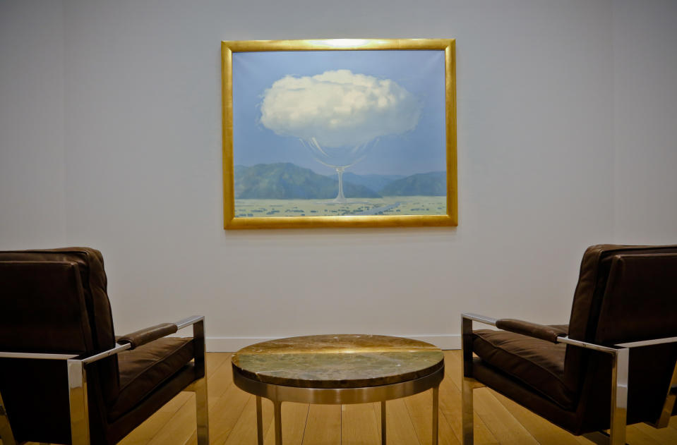 One of the largest and most unusual paintings by surrealist master Rene Magritte is shown at New York's Christie's auction house, Monday Feb. 6, 2017. "La Corde Sensible" ("Heartstrings") will be up for sale with an estimated price of 14 million pounds ($17.5 million) in London on Feb. 28. (AP Photo/Bebeto Matthews)