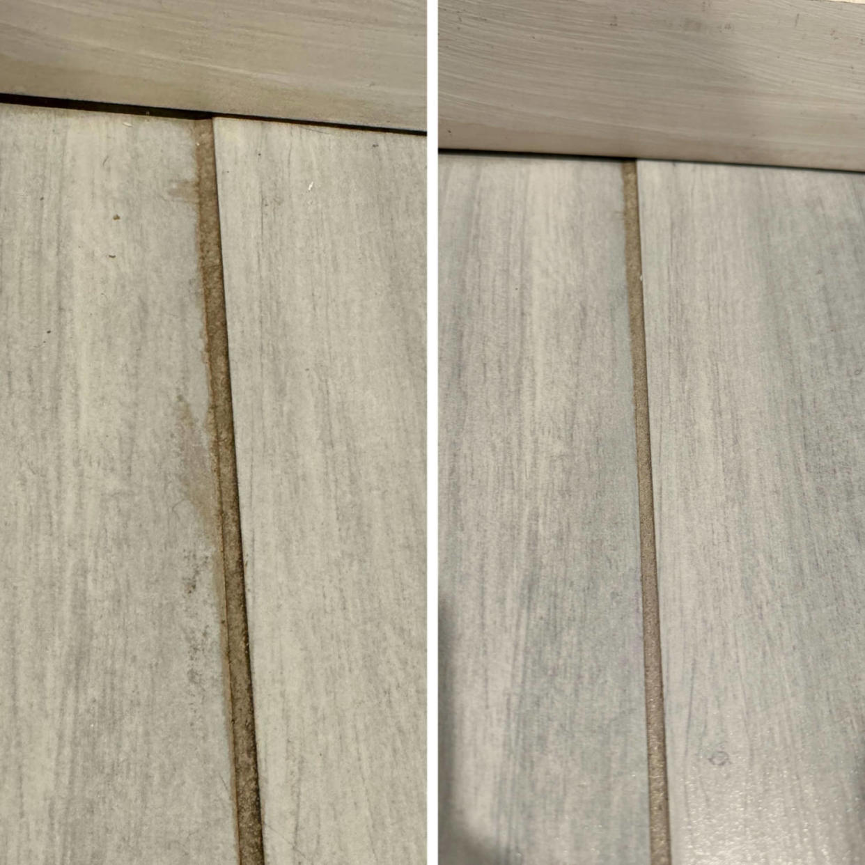 Photos of tile floor with grout before and after cleaning with Zep grout cleaner. (Courtesy of Nikki Brown)