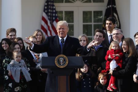 U.S. President Donald Trump addresses the annual March for Life rally, taking place on the National Mall, from the White House Rose Garden in Washington, U.S., January 19, 2018. REUTERS/Kevin Lamarque