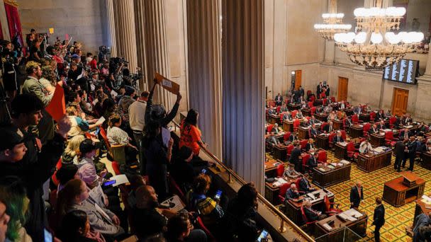 PHOTO: Protesters gather as Republicans who control the Tennessee House of Representatives prepare to vote on whether to expel three Democratic members in Nashville, Tenn., April 6, 2023. (Cheney Orr/Reuters)