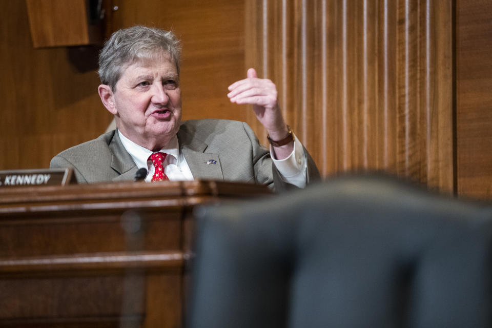 Sen. John Kennedy, R-La., questions Treasury Secretary Janet Yellen during a Senate Appropriations Subcommittee hearing to examine the FY 2022 budget request for the Treasury Department, Wednesday, June 23, 2021, on Capitol Hill in Washington. (Shawn Thew/Pool via AP)